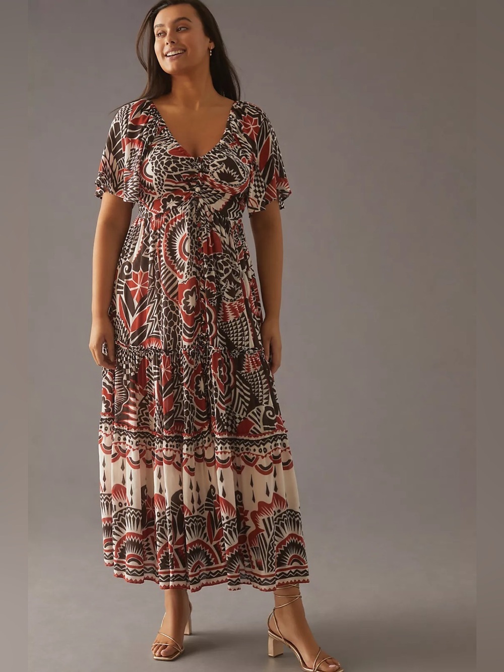 Anthropologie Tiered Maxi Dress Button Front Open Back Smocked Stretch Printed